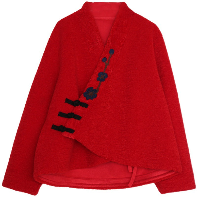 Women Ethnic Style Wool Suede Lining Cross-Over Warm Coat