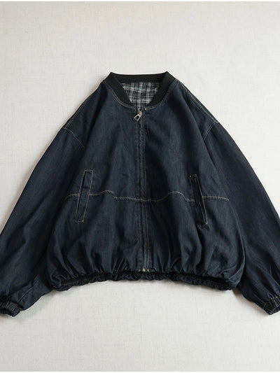 Autumn Retro Denim Loose Stand Collar Tulip Hem Zipper Coat