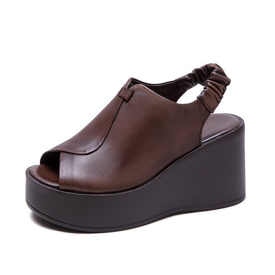 Women Retro Elegant Genuine Leather Wedge Sandals ¨C Black & Coffee