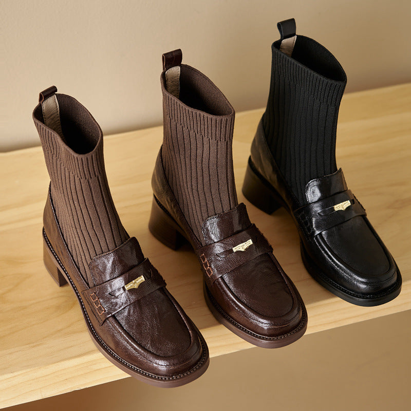 Women Retro Leather Elastic Socks Plus Size Warm Boots