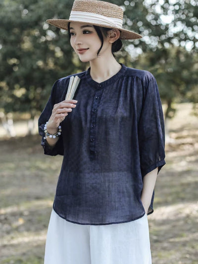 Summer Ramie Casual Subtle Pattern Round Neck Button Shirt