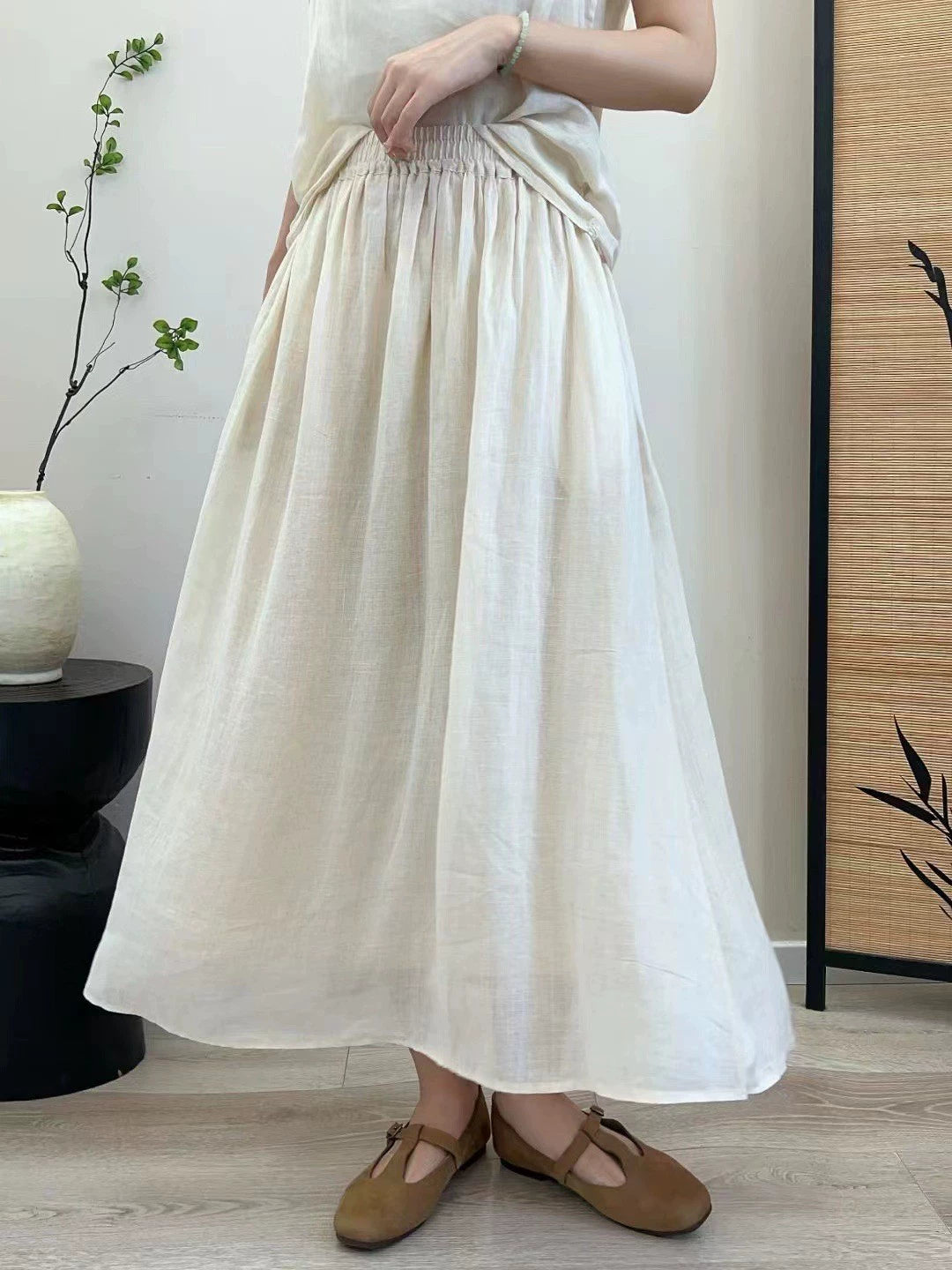 Summer Retro Ramie Elastic Waist Loose Solid Color Skirt