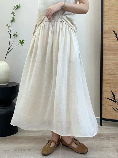 Summer Retro Ramie Elastic Waist Loose Solid Color Skirt