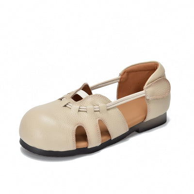 Summer Retro Leather Round Toe Cut Out Comfortable Velcro Sandals