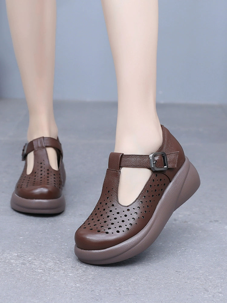 Women Summer Retro Leather Hollow Platform Sandals