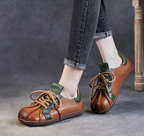 Spring Retro Soft Sole Color Block Lace-Up Leather Casual Shoes