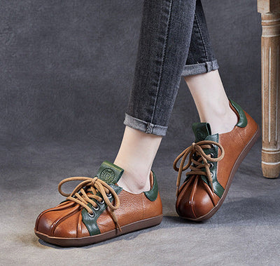Spring Retro Soft Sole Color Block Lace-Up Leather Casual Shoes