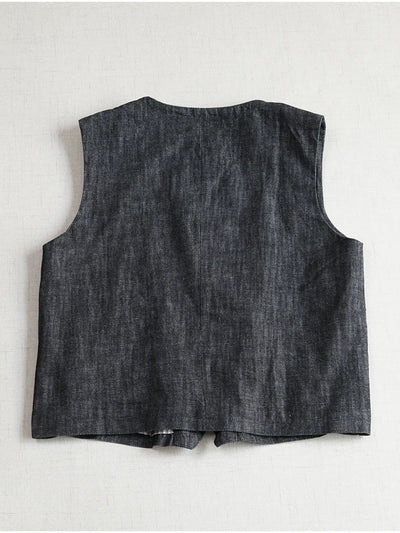 Versatile Retro Cotton V-Neck Patchwork Black Single Breasted Vest