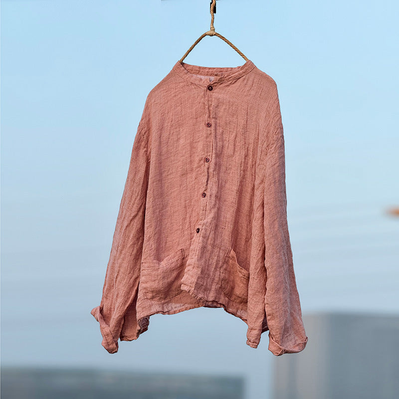 Women Autumn Linen Washed Stand Collar Loose Shirt
