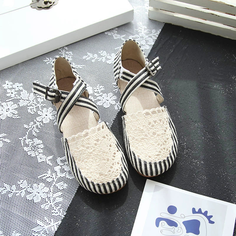 Summer Linen Closed Toe Lace Crossing Straped Striped Shoes