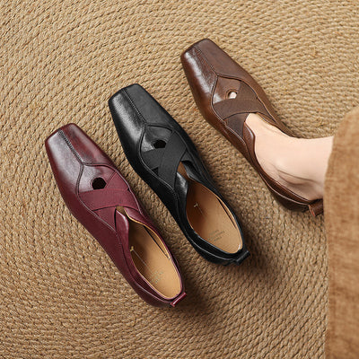 Retro Sheepskin Leather Square Toe Crossing Straped Shoes