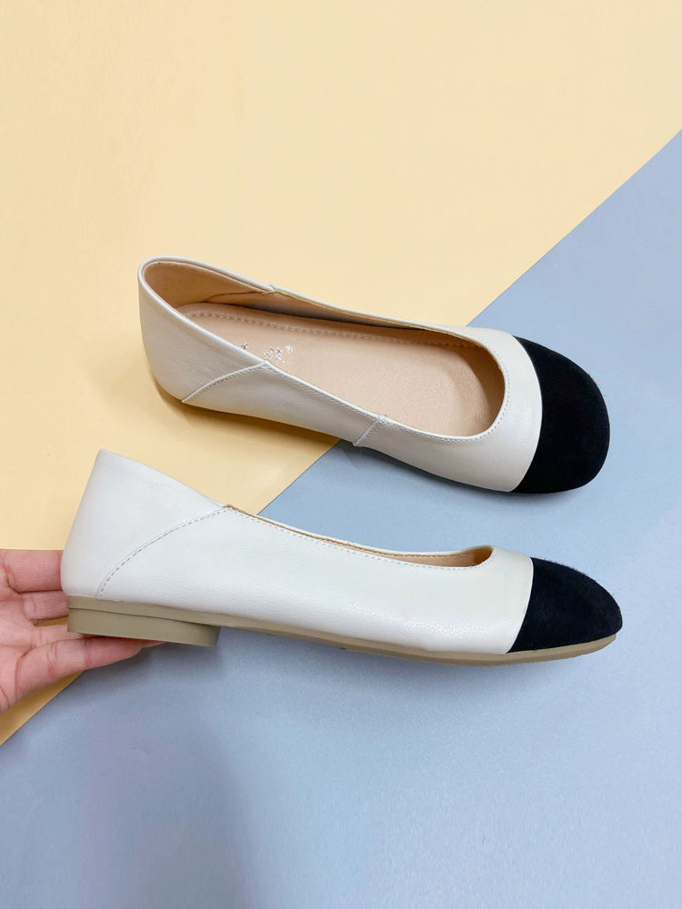 Women Spring Leather Wide Round Toe Patchwork Soft Sole Flats