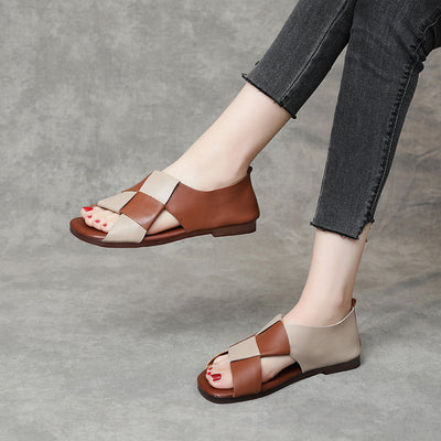 Women Retro Leather Casual Patchwork Open Toe Flat Sole Sandals