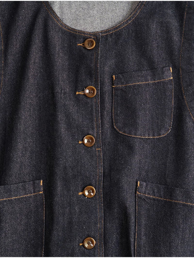 Retro Denim Round Neck Loose Pockets Single Breasted Vest