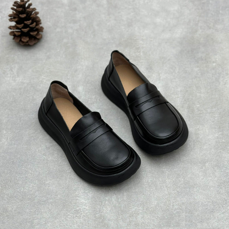 Women Retro Comfy Soft Platform Genuine Leather Slip-Ons