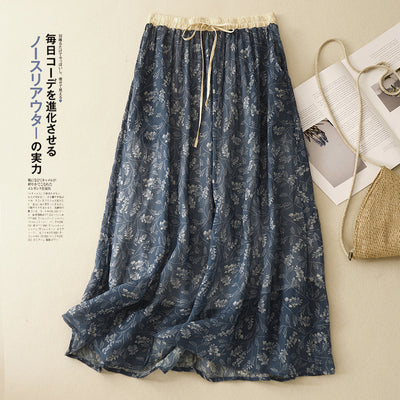 Summer Vintage Ramie Printed Elastic Waist A-Line Lace-Up Skirt