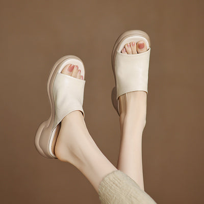 Top Genuine Leather Platform Everyday Open Toe Slippers