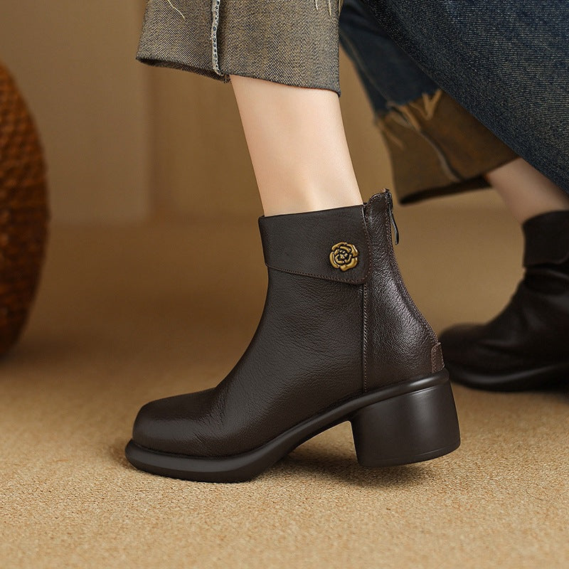 Autumn Vintage Elegant Sheepskin Leather Chunky Boots