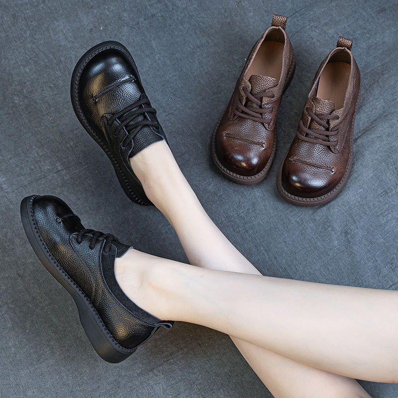 Women Black Brown Retro Genuine Leather Lace-Up Casual Shoes