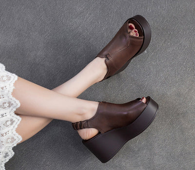 Women Retro Elegant Genuine Leather Wedge Sandals ¨C Black & Coffee