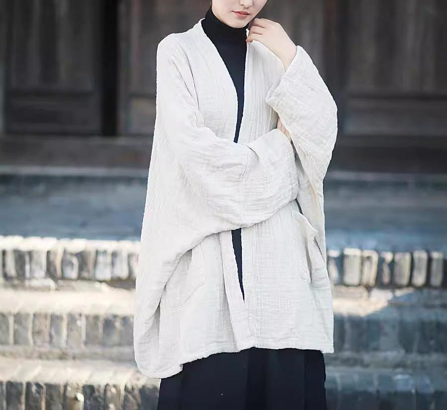 Women Loose Solid Beige Linen Cardigans