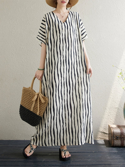 Spring Cotton Linen Stripe Loose Casual V- Neck Dress