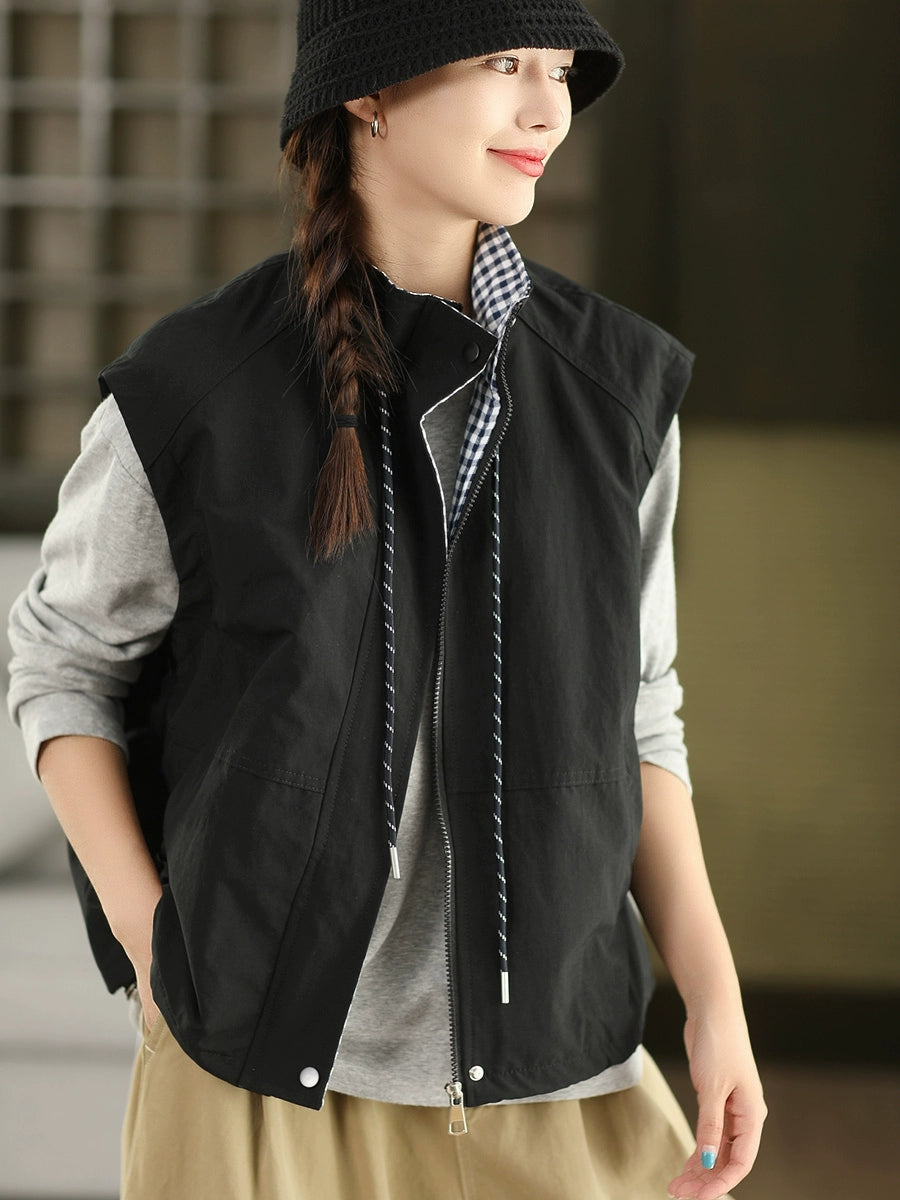 Women Casual Cool Stand Collar Sleeveless Lace-Up Plaid Jacket