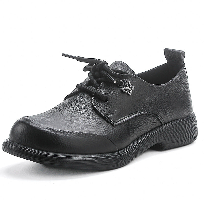 Genuine Leather Summer Retro Chunky Soft Sole Lace-Up Flats Shoes