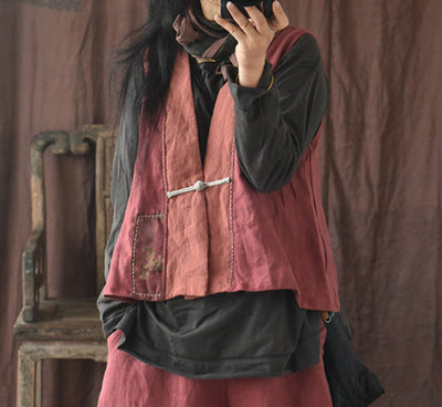 Women Retro Linen Patchwork Sleeveless Linen Vest