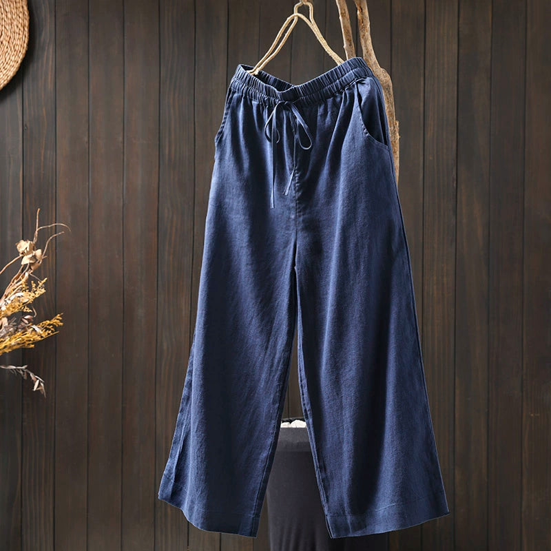 Women Spring Vintage Linen Solid Color Casual Wide-Leg Pants