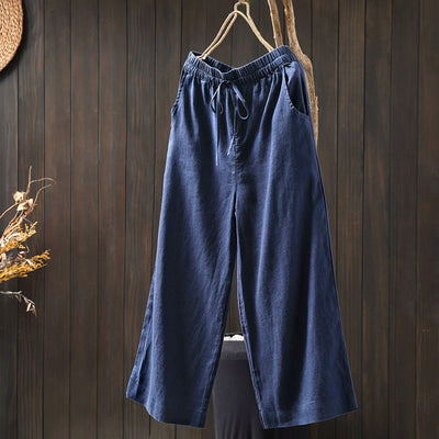 Women Spring Vintage Linen Solid Color Casual Wide-Leg Pants