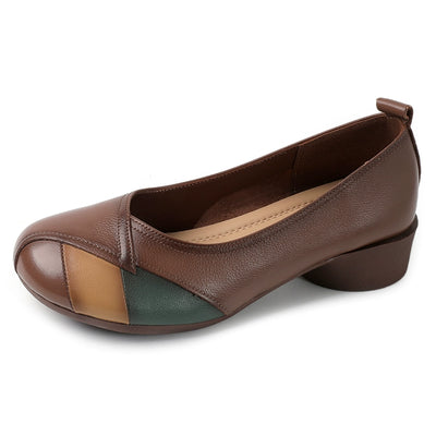 Babakud Women Spring Retro Colorblock Leather Soft Sole Shoes