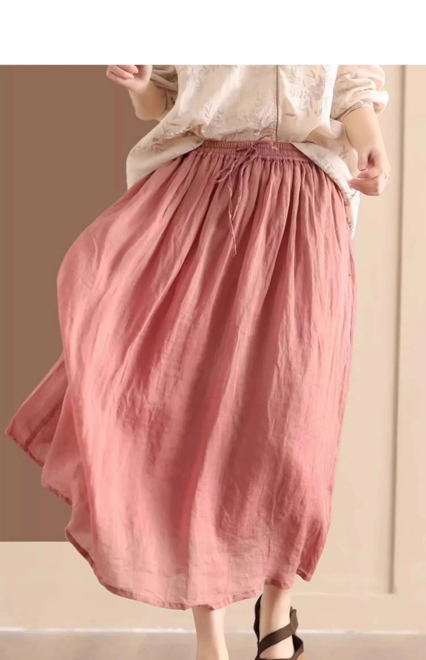 Women Summer Vintage Linen Elastic Waist A-Line Solid Color Skirt