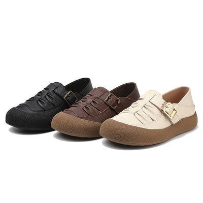 Women Fashion Genuine Leather Ruched Buckled Casual Shoes