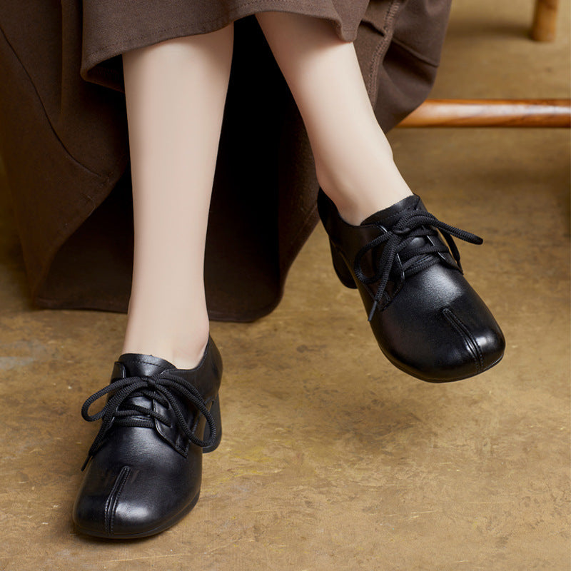 Women's Lace-Up Retro Handmade Genuine Leather Chunky Heels