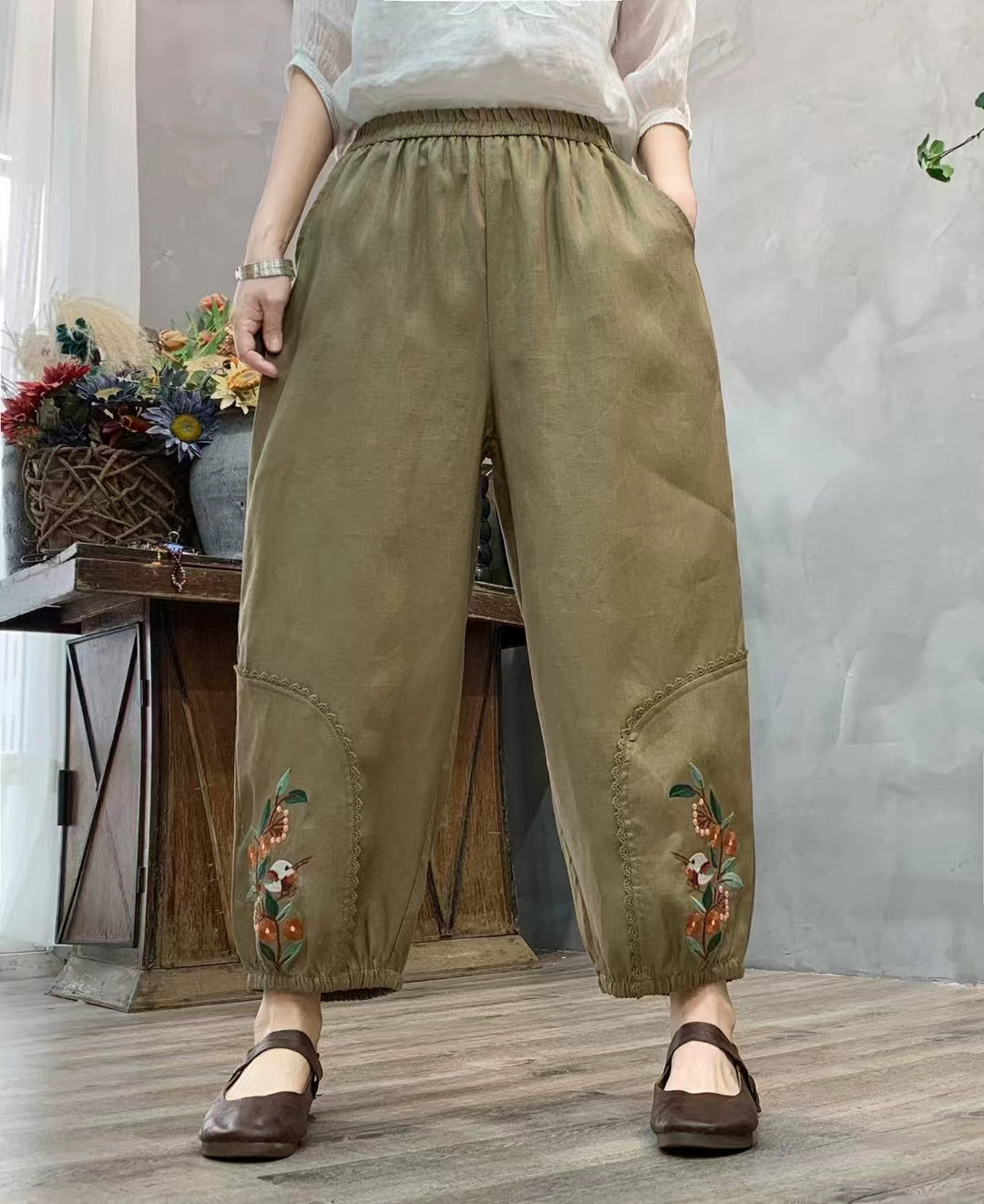 Autumn Linen Embroidered Patchwork Loose Casual Harem Pants