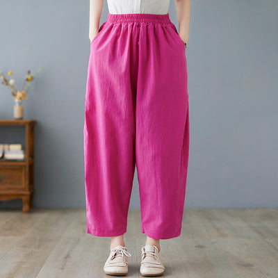 Women Summer Cotton Solid Color Elastic Waist Harem Pants