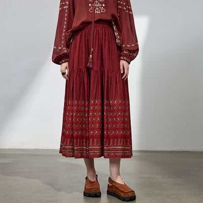 Summer Women Retro Cotton Loose Printed A-Line Skirts