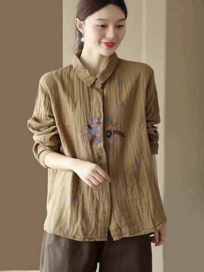Autumn Retro Cotton Embroidered Casual Comfortable Loose Shirt