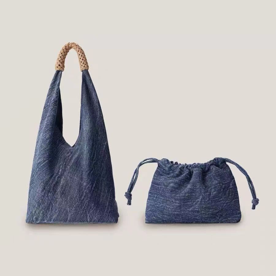 Fashion Minimalist Handwoven Handle Denim Tote Bag