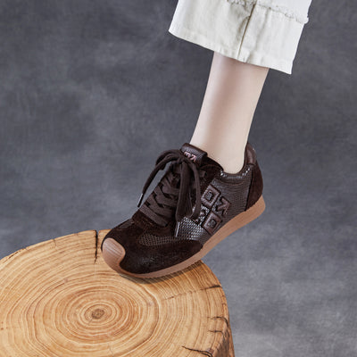 Women Retro Genuine Leather Casual Mesh Sports Sneakers