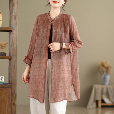 Women Spring Embroidered Loose Cotton Linen Mid-Length Shirt