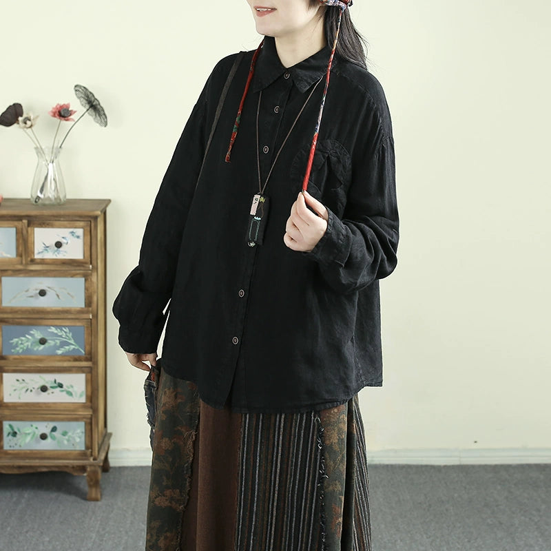 Women Spring Vintage Cotton Linen Casual Loose Blouse