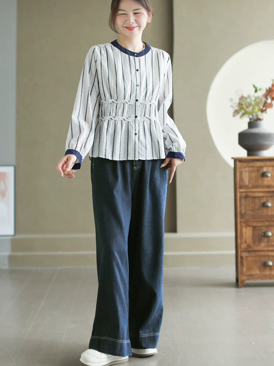 Babakud Autumn Cotton Striped Round Neck Patchwork Shirt