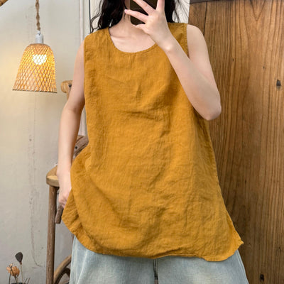Women Casual Solid Color Sand-Washed Linen Sleeveless Top