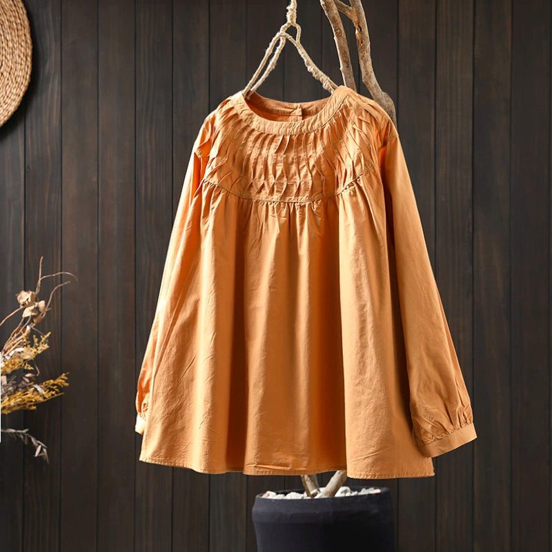Women Spring Retro Pure Cotton Solid Color Long Sleeve Shirt