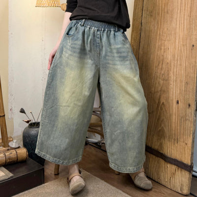 Women Spring Retro Casual Straight-Leg Acid-Washed Cropped Jeans