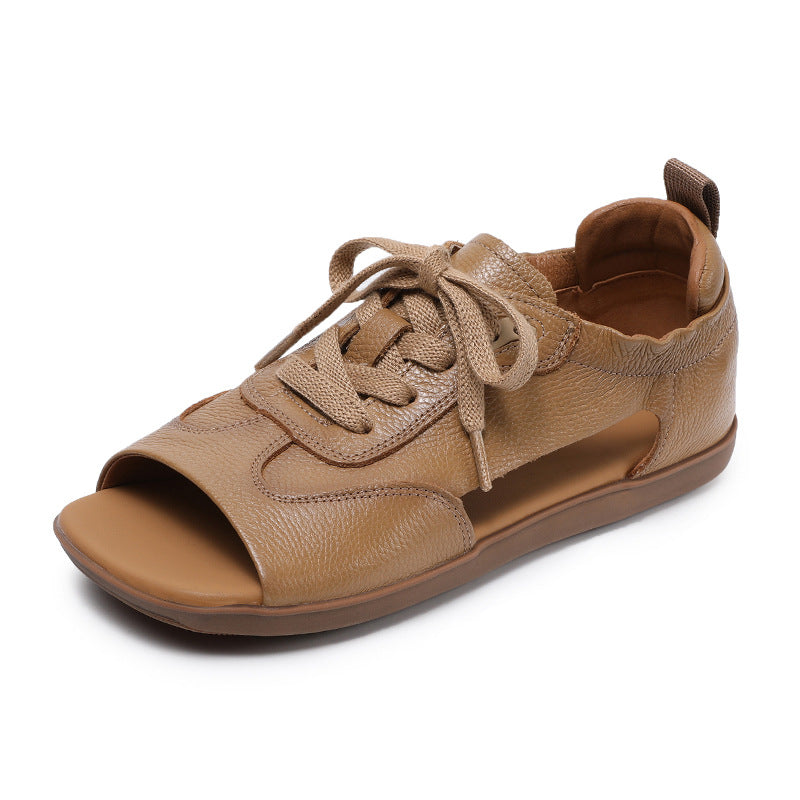 Women Summer Retro Genuine Leather Flat Soft Sole Lace-Up Sandals