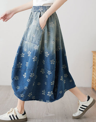 Ladies Retro Distressed Gradient Jacquard A-Line Denim Skirt