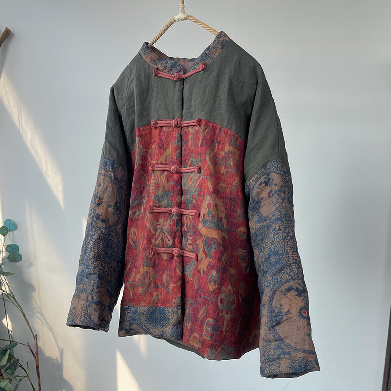 Women Traditional Style Retro Printed Padded Linen Cotton Coat